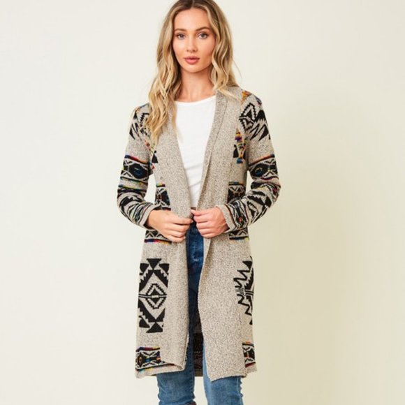 new ON BLUE SWEATER CARDIGAN WRAP boho western AZTEC TRIBAL TAUPE jacquard XL 1X - Picture 7 of 9